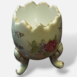 Vintage Napcoware Footed Blue Porcelain Egg Vase Hand Painted Rose Floral